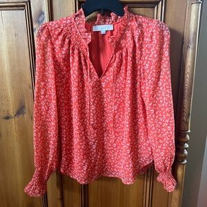 LOFT Red Floral Blouse with Ruffle Details
